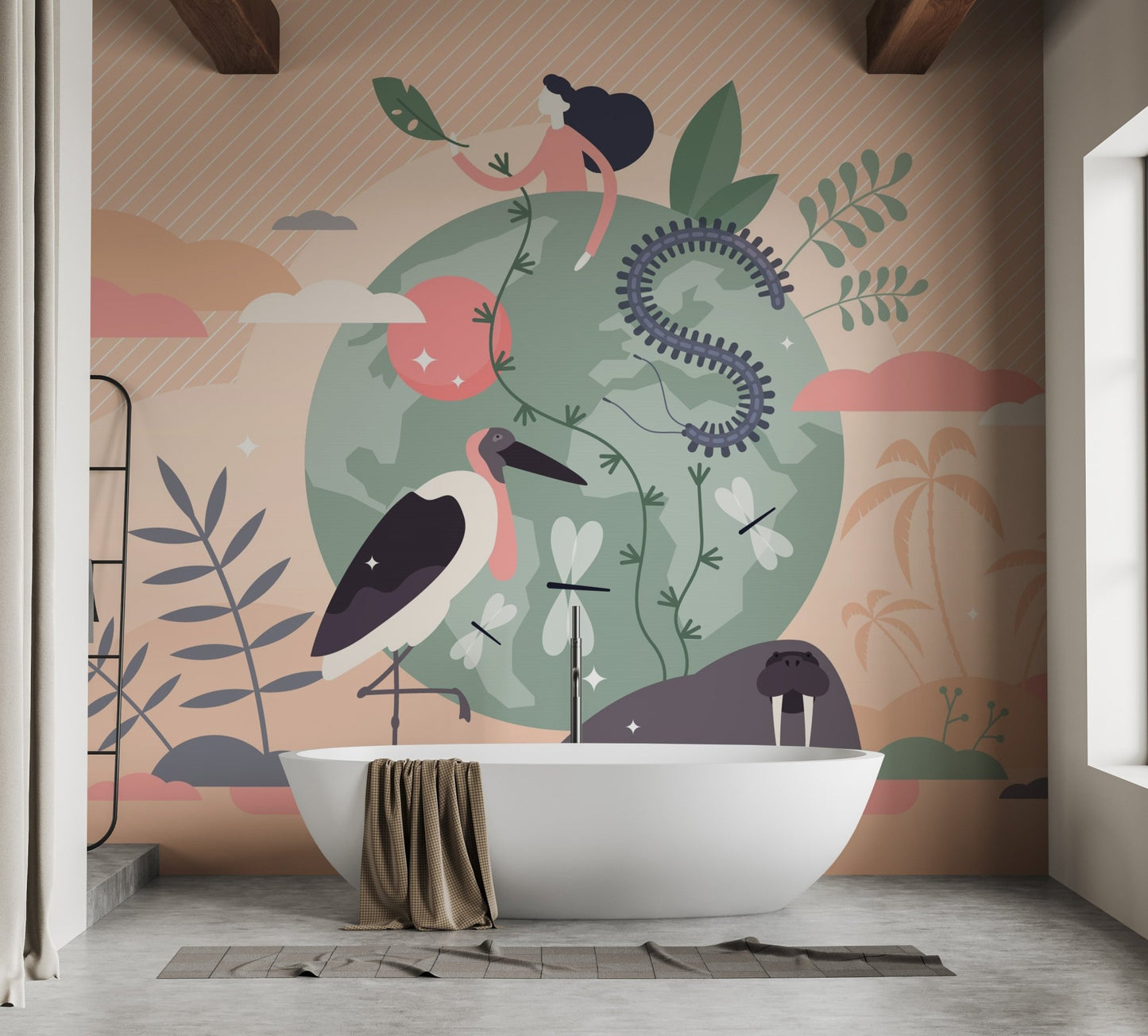Earth-themed mural featuring a wild kingdom for creative bathroom interiors.
