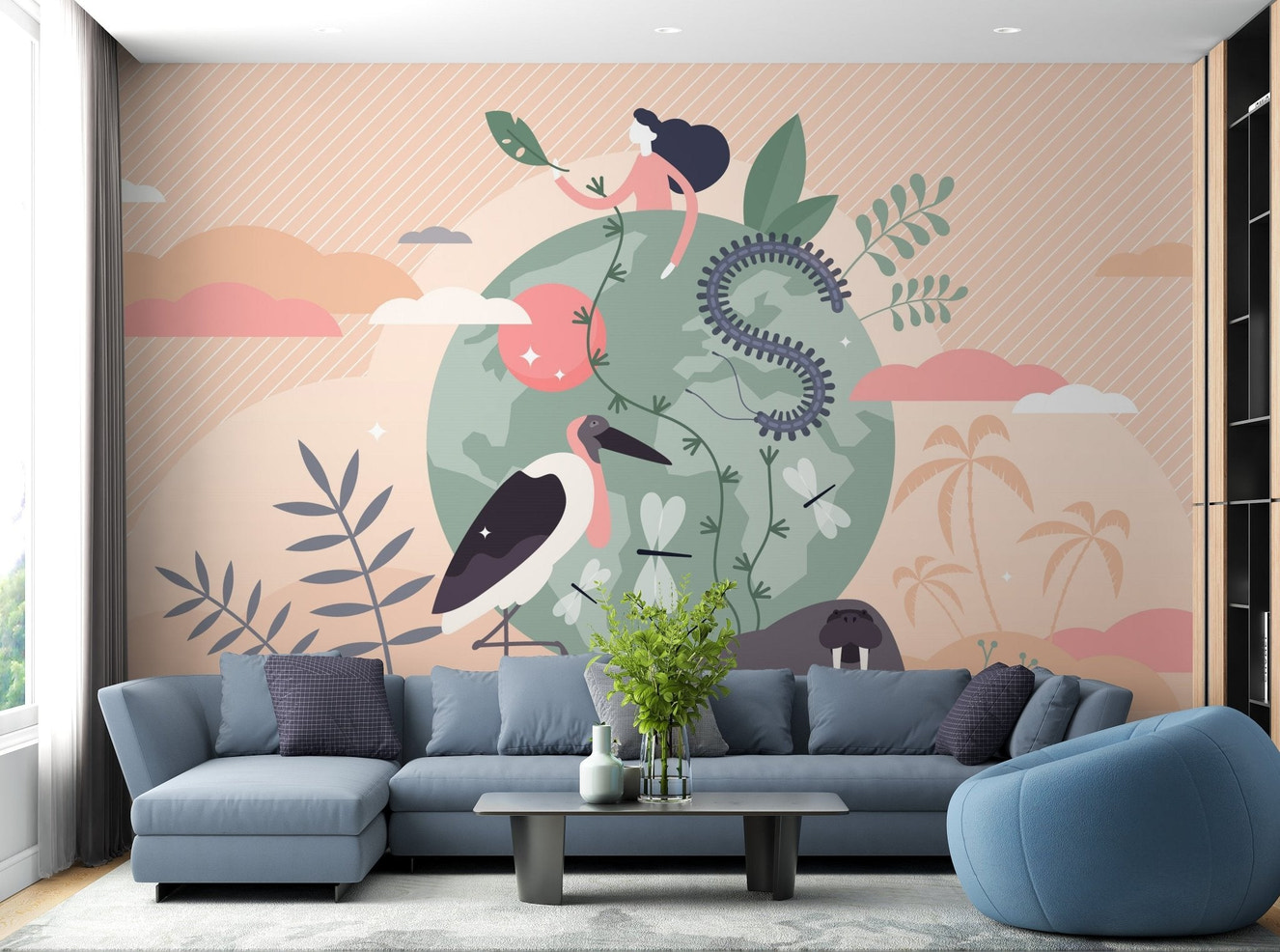 Wall mural featuring a wild kingdom above earth’s landscape in living room.
