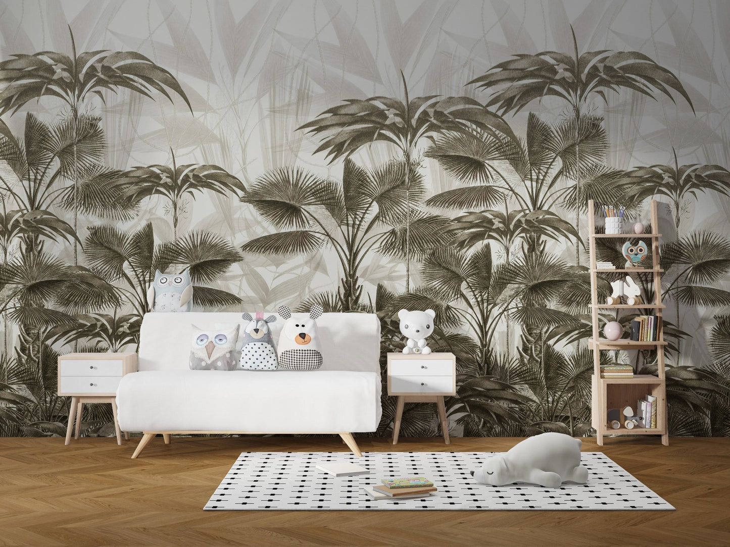 White furniture in a children’s room with a light palm tree wall mural.