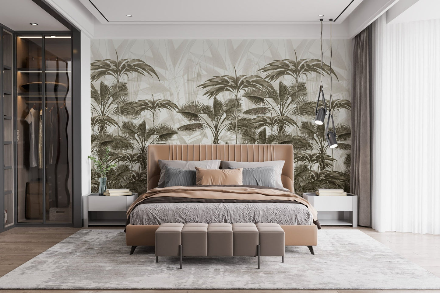 Modern bedroom with a Wild Palm Canopy wall mural and neutral bedding.