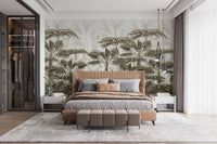 Modern bedroom with a Wild Palm Canopy wall mural and neutral bedding.