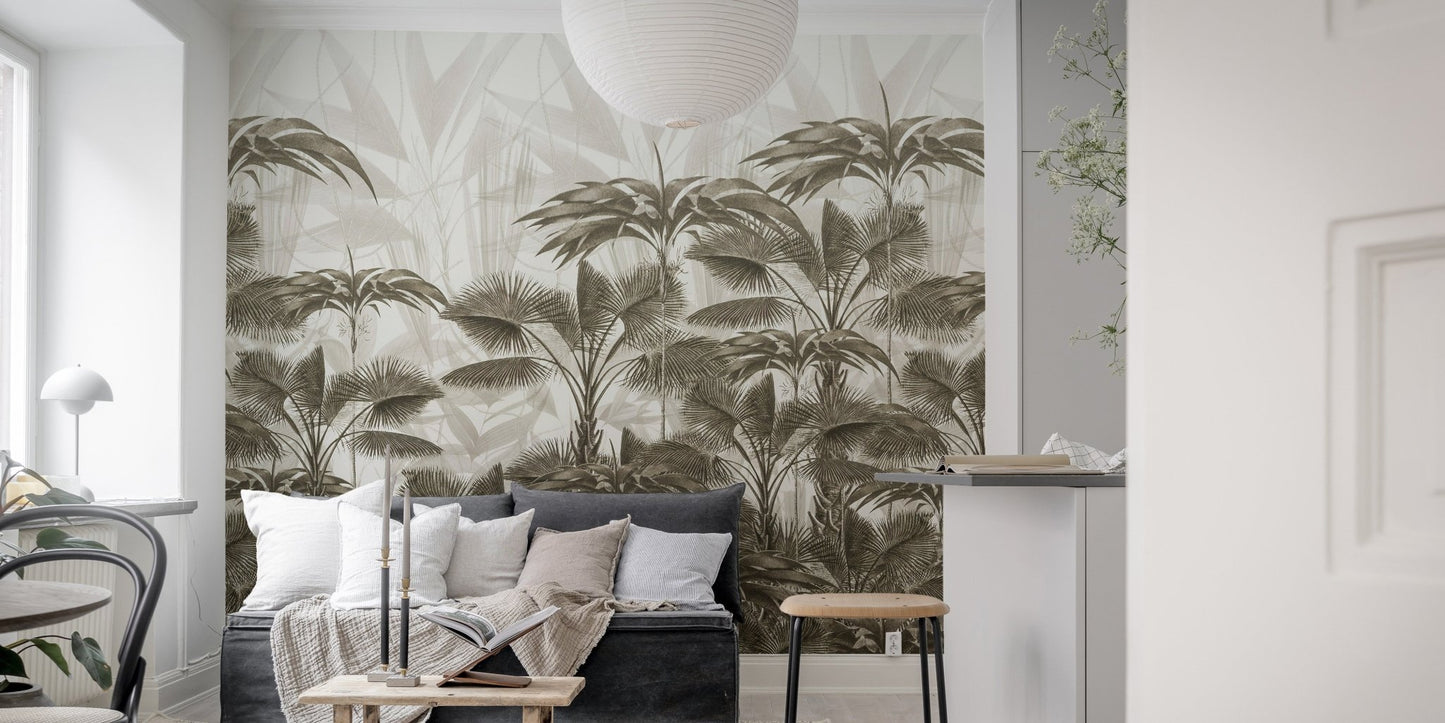 Minimalist living room featuring a Wild Palm Canopy wall mural behind the sofa.