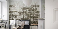 Minimalist living room featuring a Wild Palm Canopy wall mural behind the sofa.