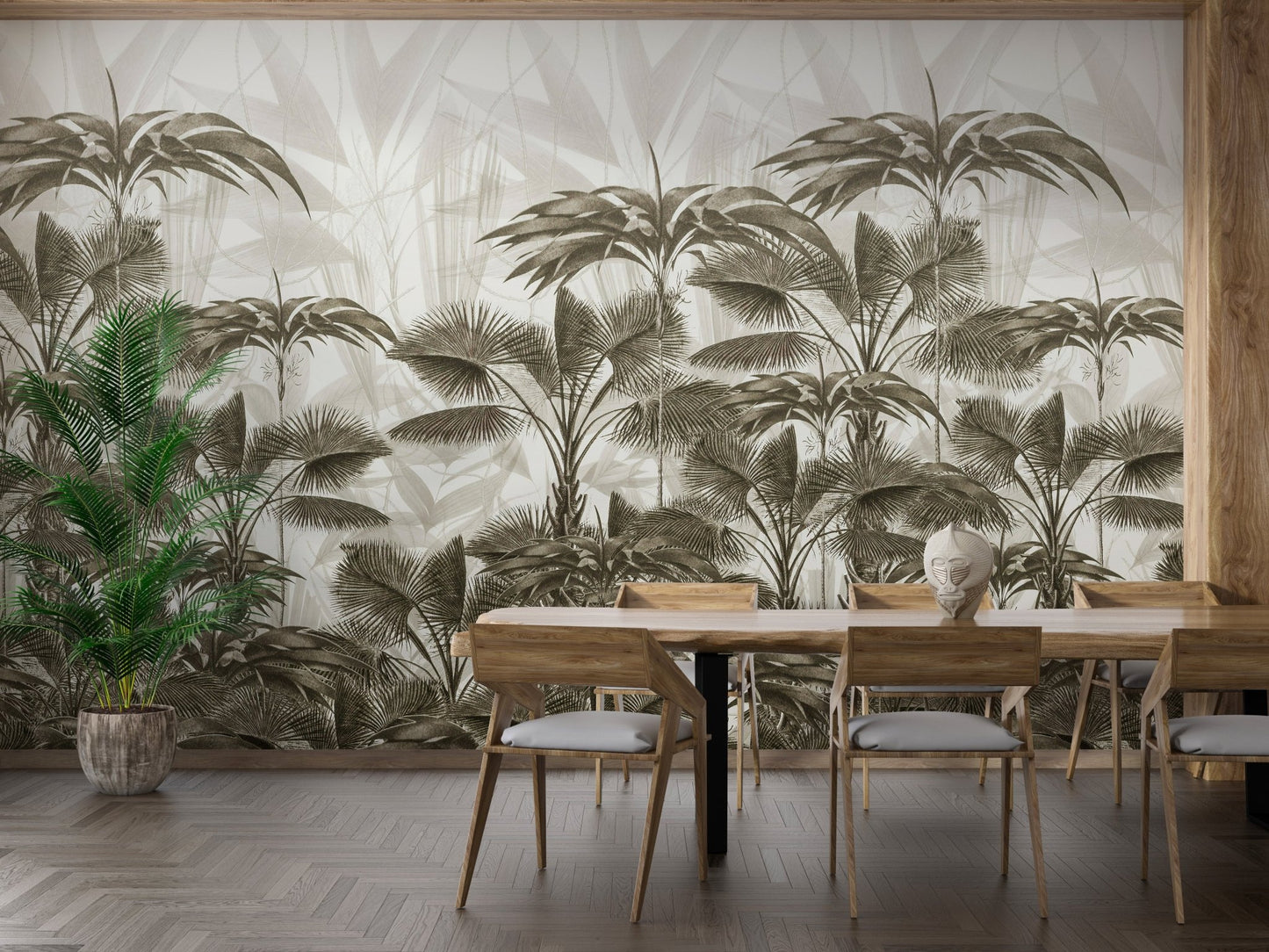 Rectangular dining table in a room with a full-wall palm canopy wall mural.