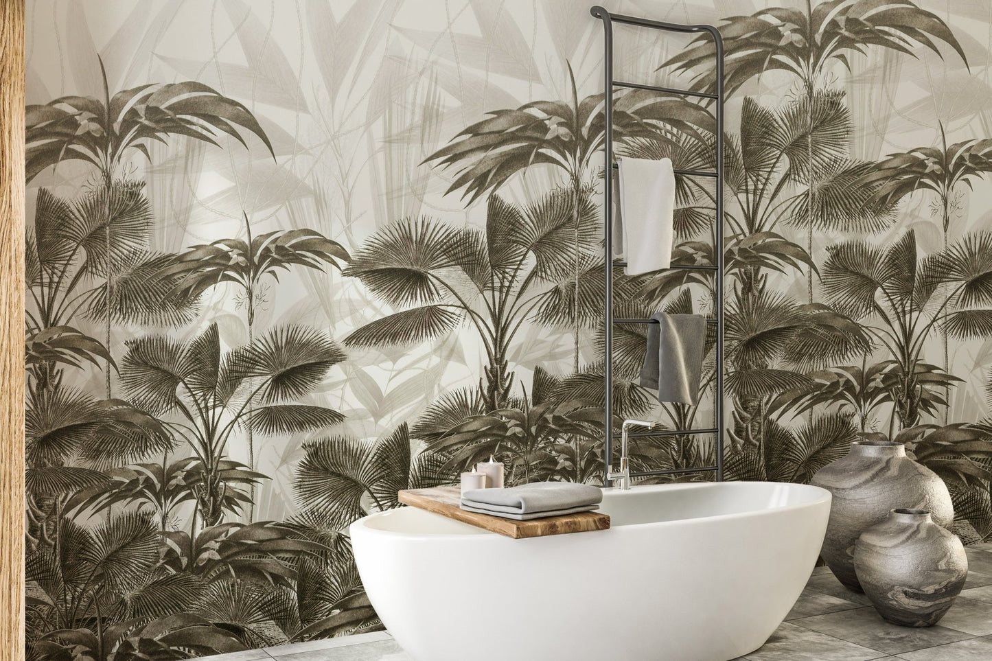 Modern bathroom sink area featuring a botanical palm tree wall mural.