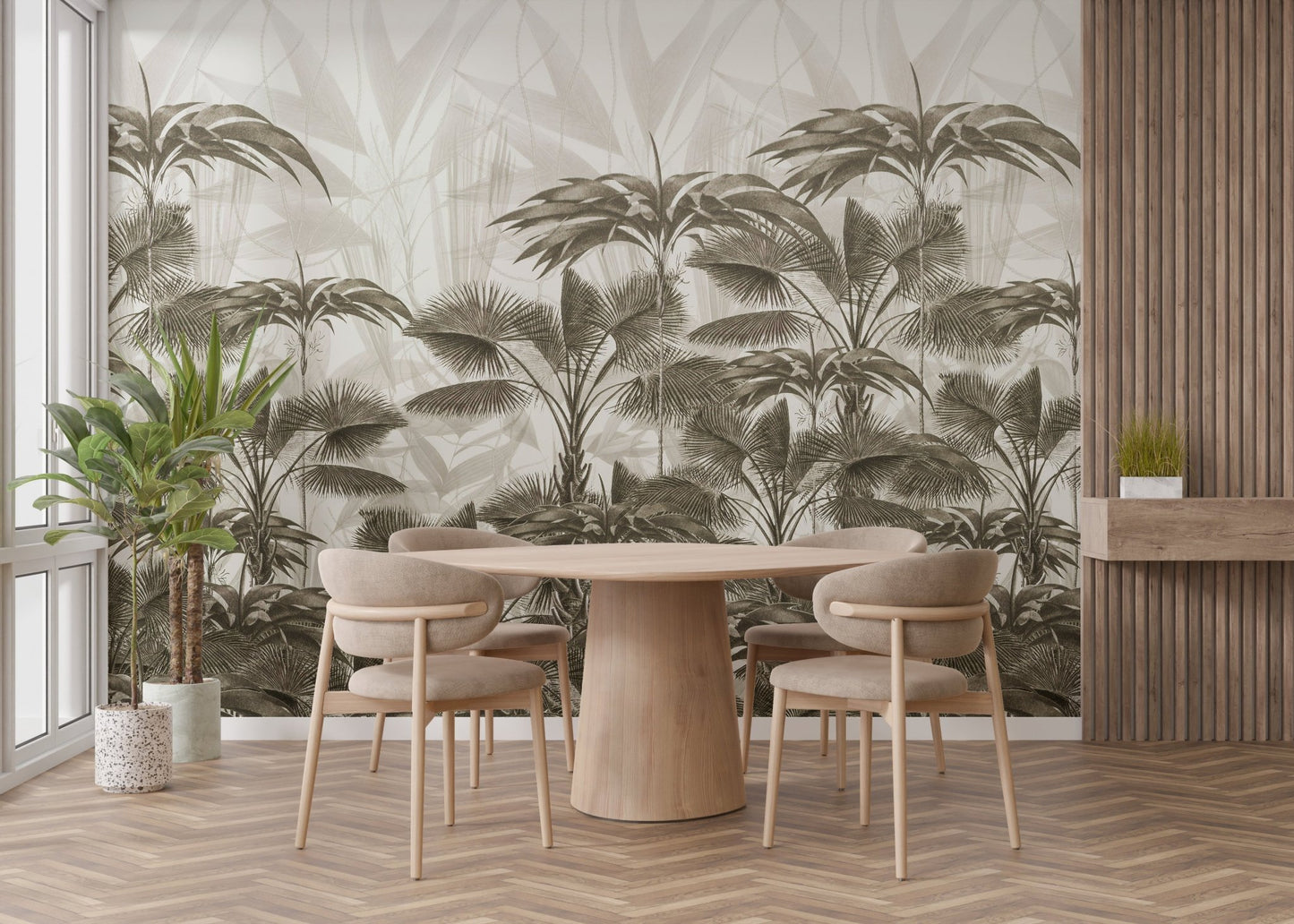 Round wooden dining table paired with a botanical palm canopy wall mural.