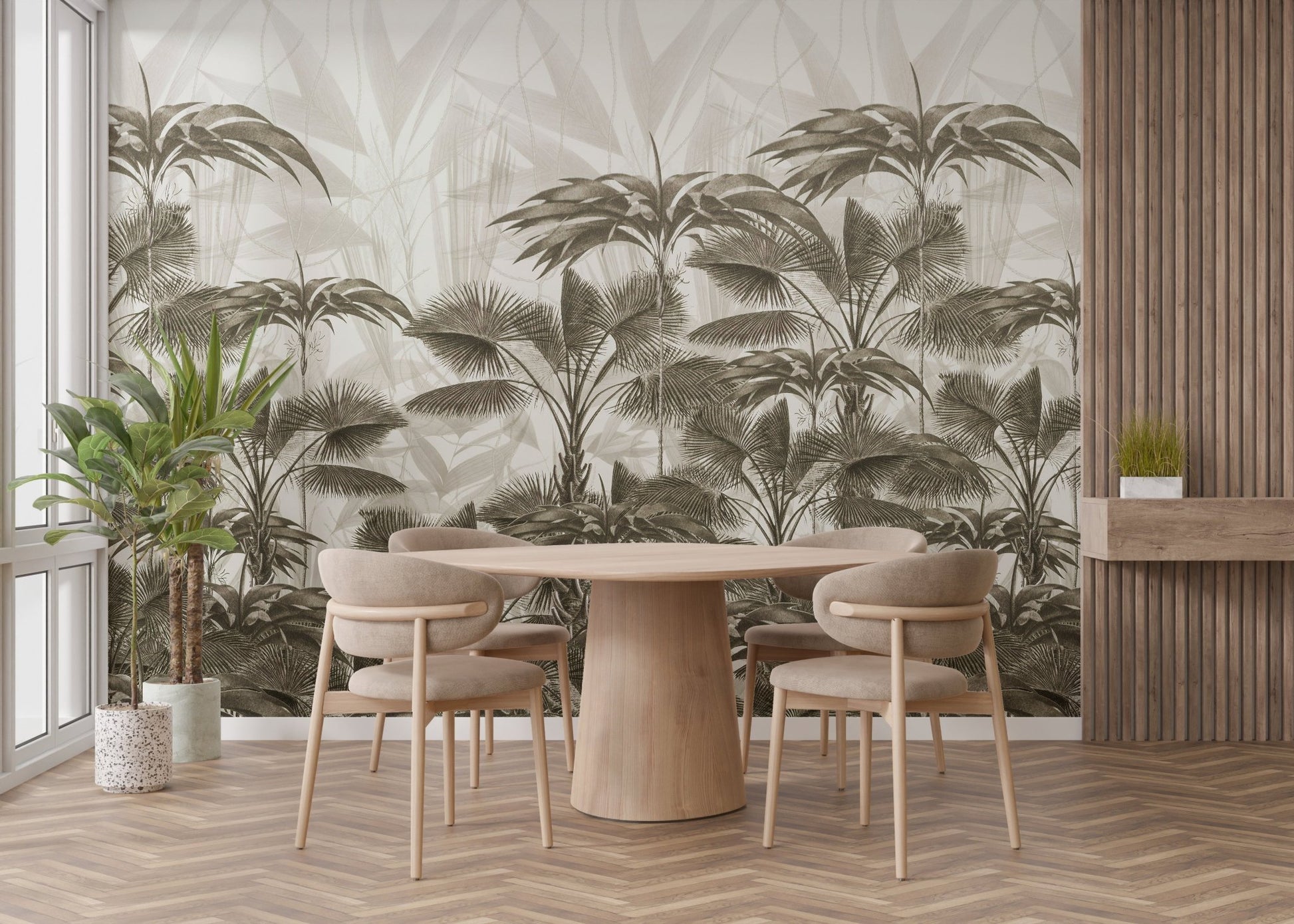 Round wooden dining table paired with a botanical palm canopy wall mural.