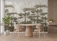 Round wooden dining table paired with a botanical palm canopy wall mural.