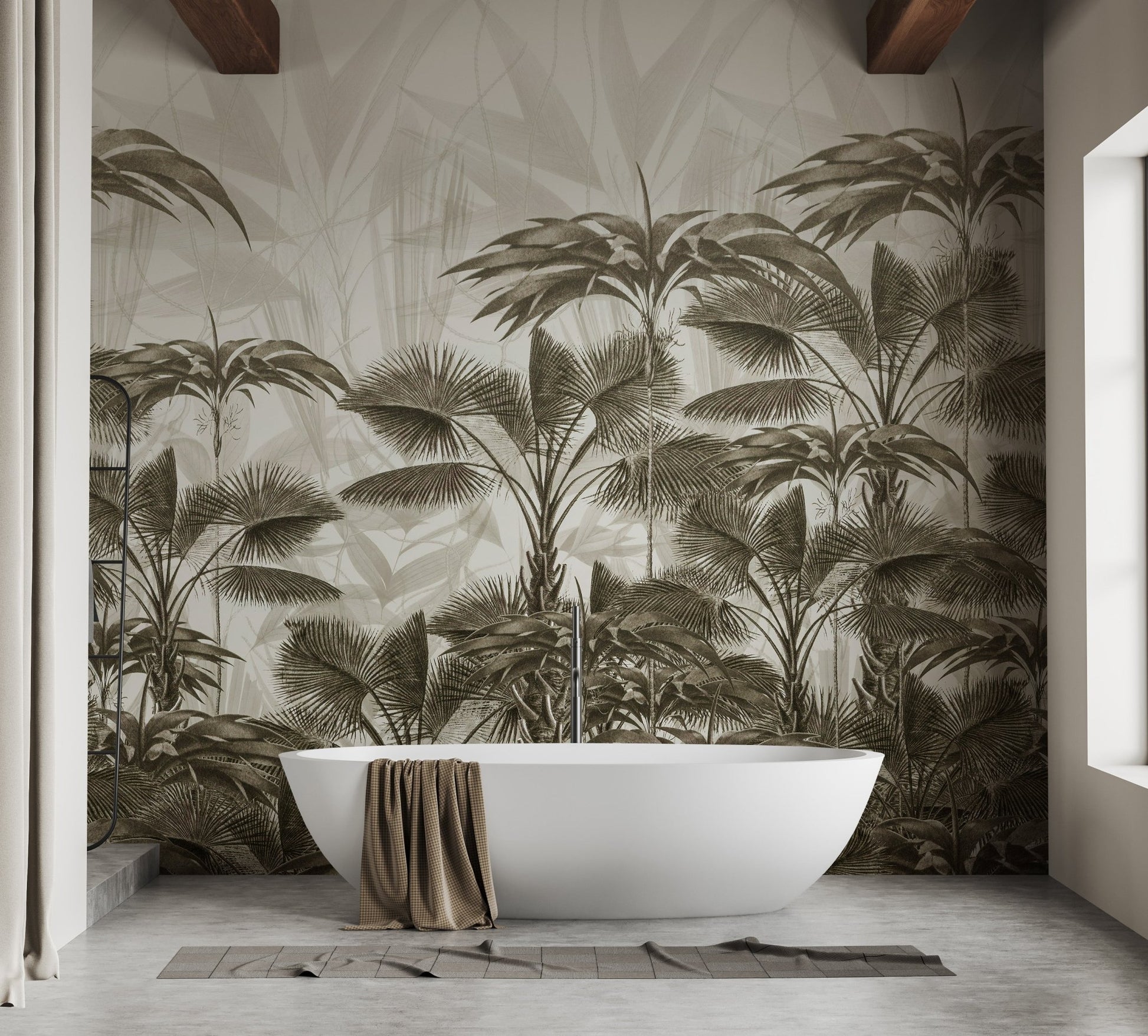 White bathtub placed before a tropical palm tree wall mural with muted tones.