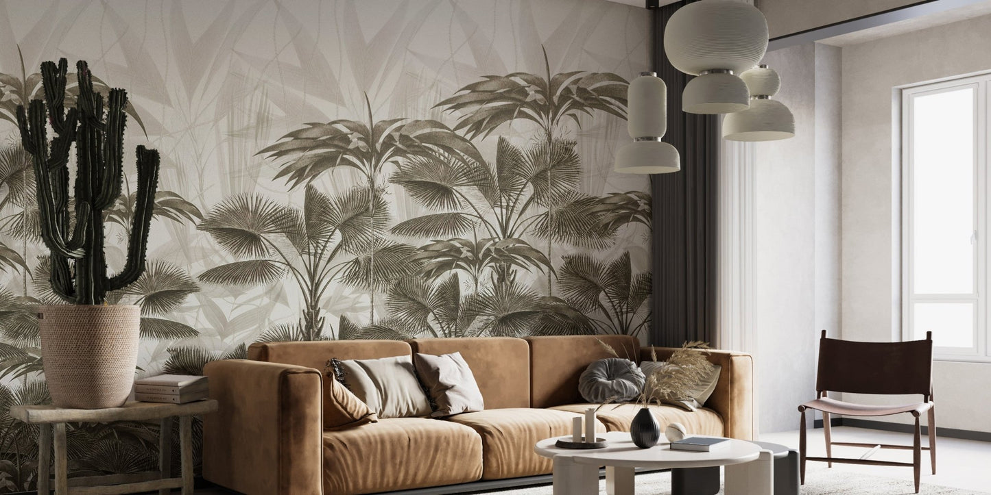 Brown leather couch in a living area with a sepia-toned tropical wall mural.