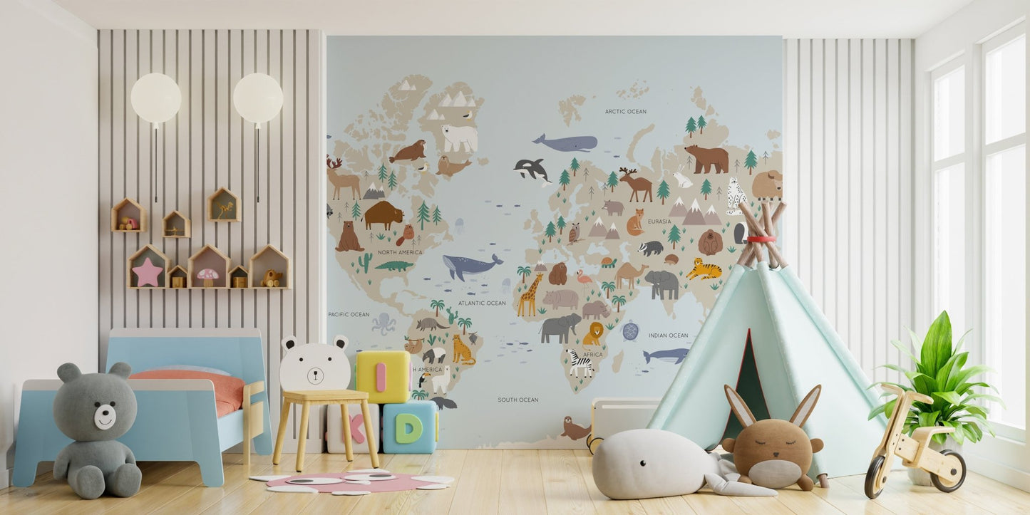 Safari-themed mural with vibrant wildlife for adventurous decor in kids bedroom.
