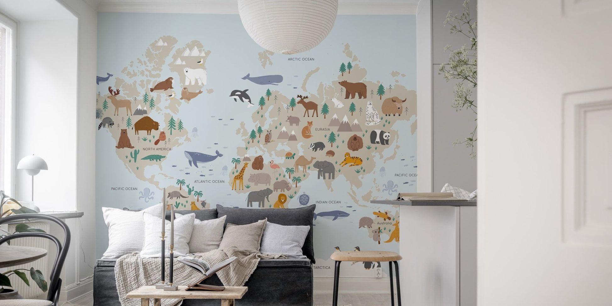 Safari adventure mural with a jungle and wildlife theme for living room.
