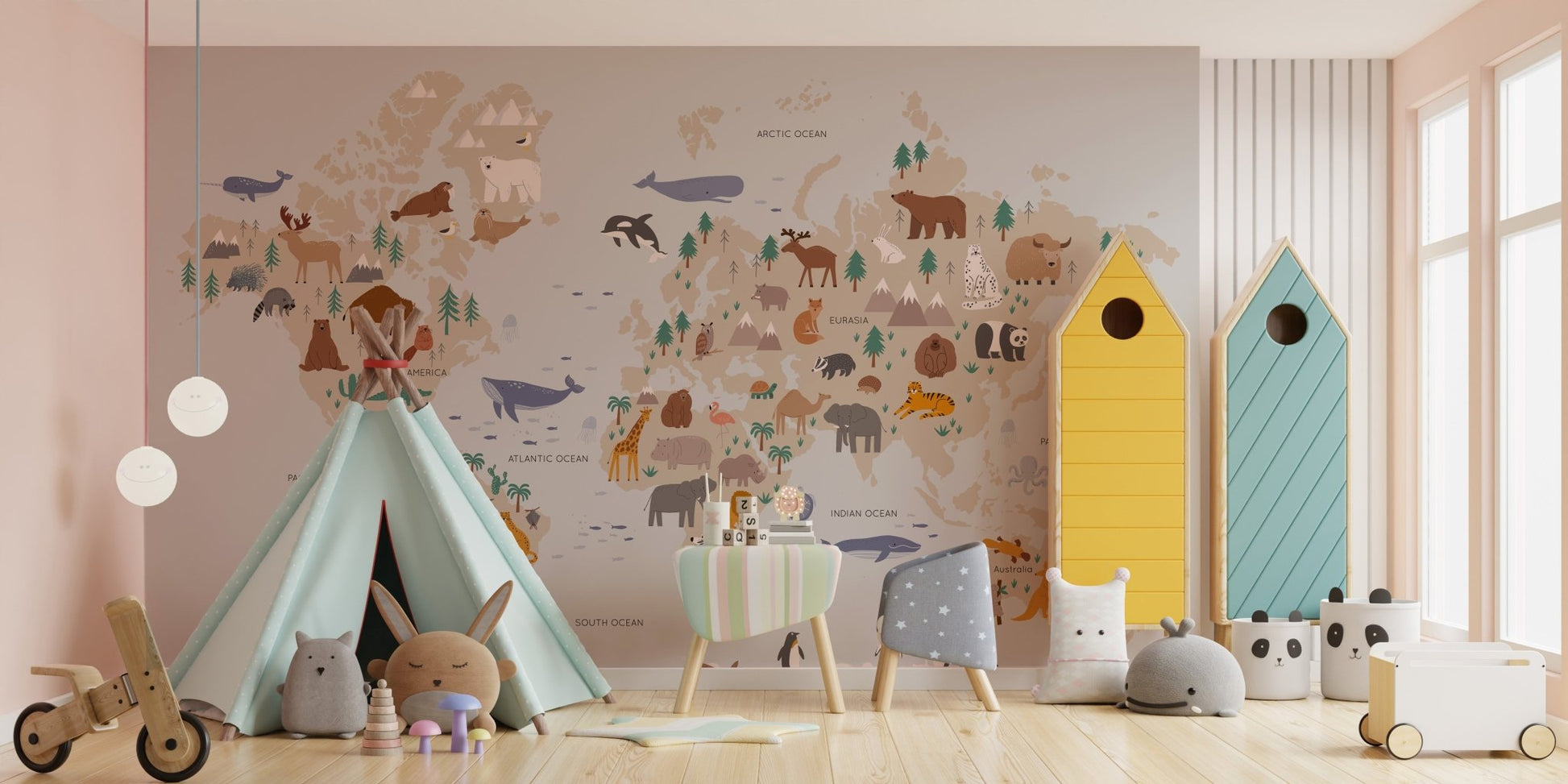 Wild safari wall mural showcasing exotic animals and nature in kids playroom.
