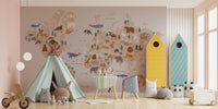 Wild safari wall mural showcasing exotic animals and nature in kids playroom.
