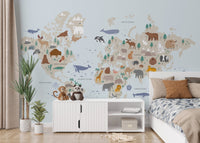 Artistic safari wall mural featuring wild animals and tree in kids bedroom.
