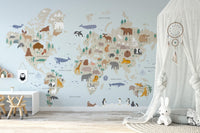 Wild safari adventure mural featuring animals and lush landscape in kids room.
