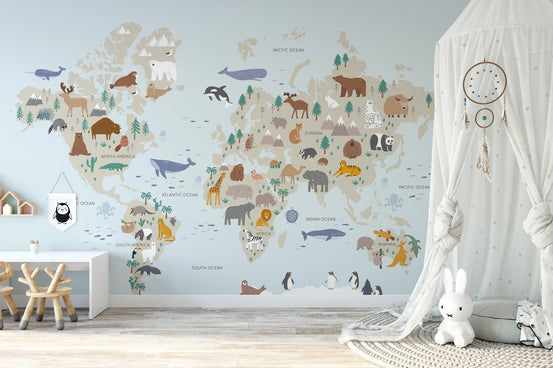Wild safari adventure mural featuring animals and lush landscape in kids room.
