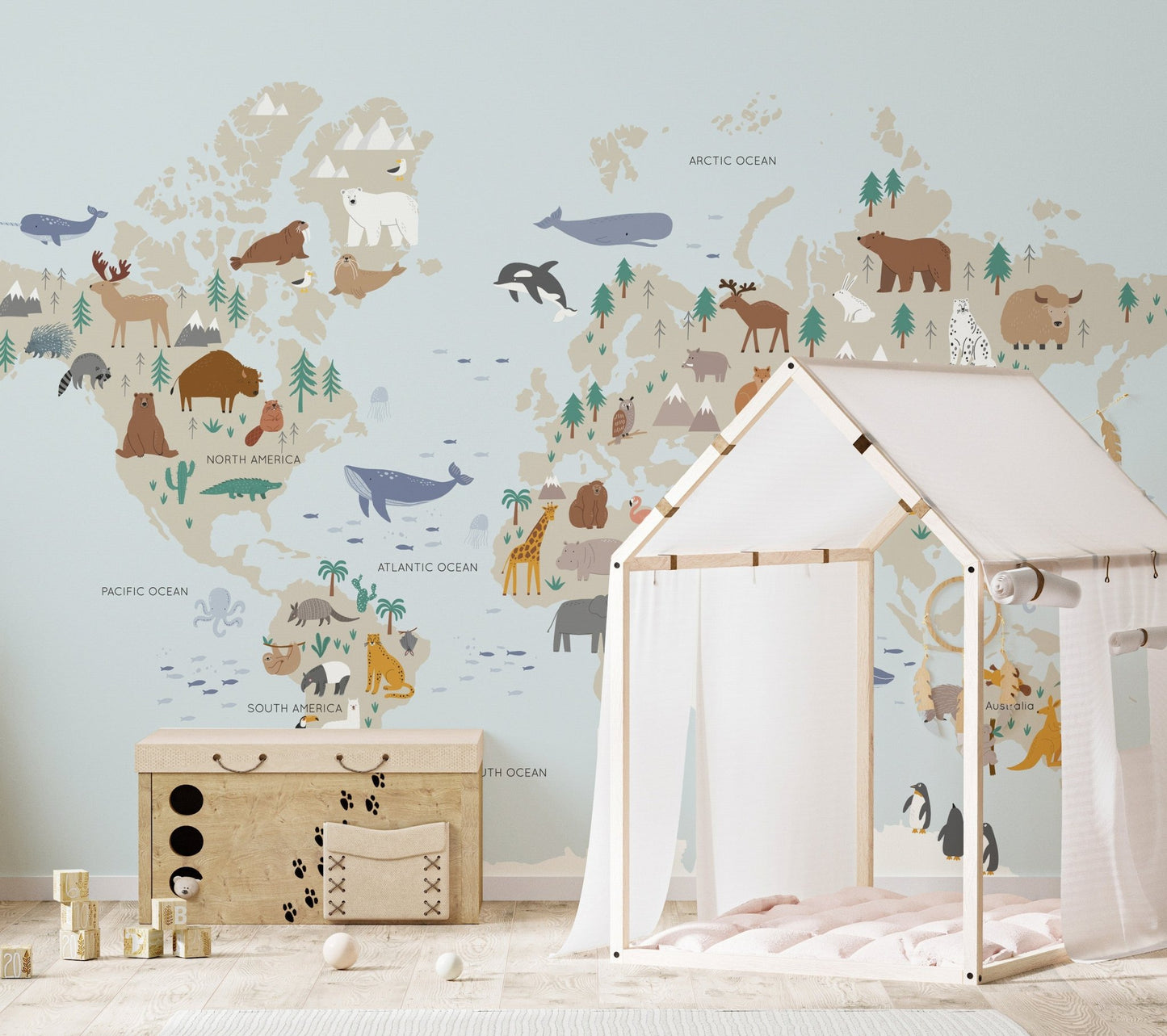 Vibrant wild safari mural for lively and nature-inspired nursery interiors.
