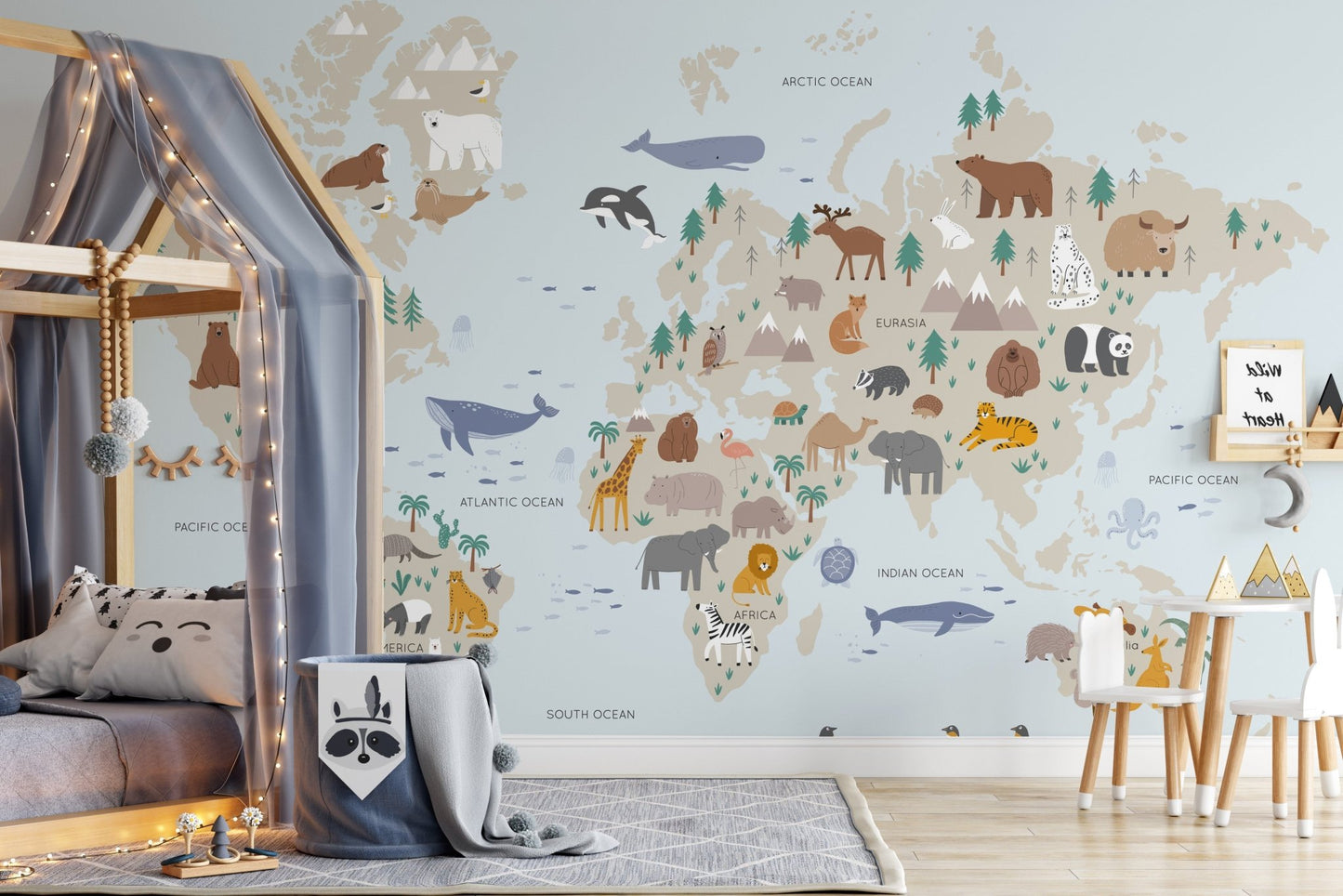 Wild safari mural with animals and greenery for dynamic toddler room.
