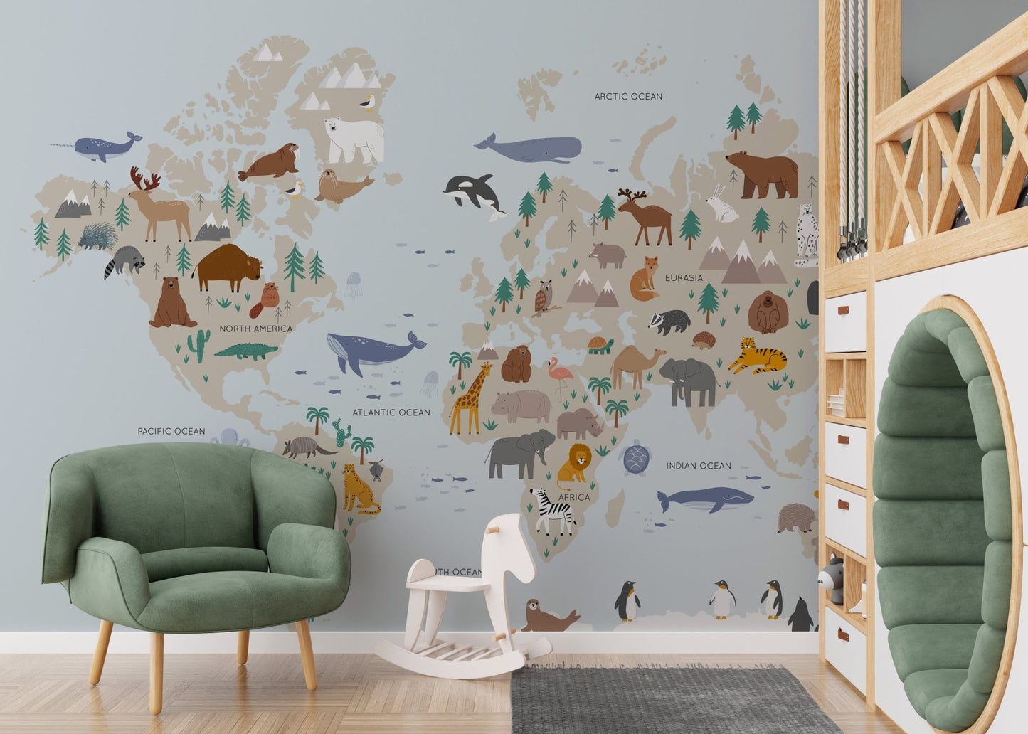 Safari-themed mural capturing the essence of wild nature and fauna in nursery.
