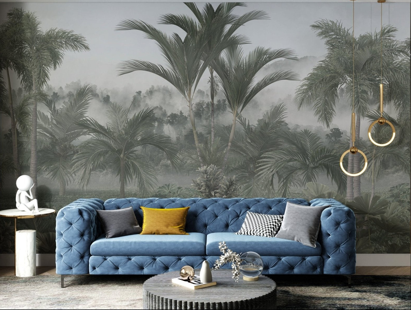 Tropical palm leaves wallpaper with misty view