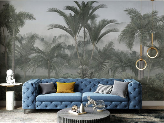 Tropical palm leaves wall mural with misty view in hallway.