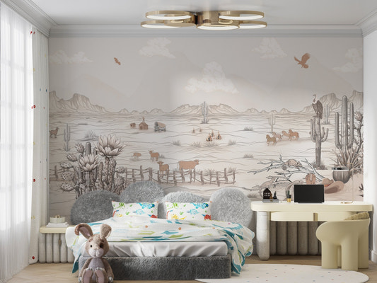 Wild west cowboy mural wallpaper with desert cactus landscape.