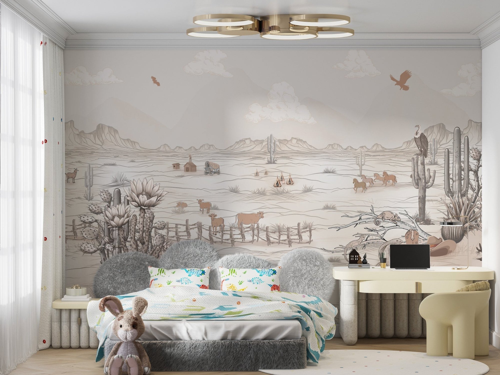 Wild west cowboy mural wallpaper with desert cactus landscape.