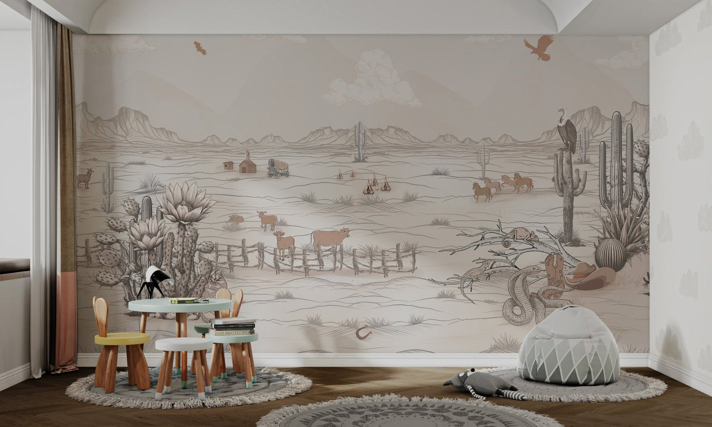 Scenic Wild West mural with mountains, animals, and cowboy themes.