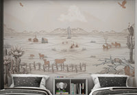 Horses running across a rustic desert in Wild West-themed wallpaper.