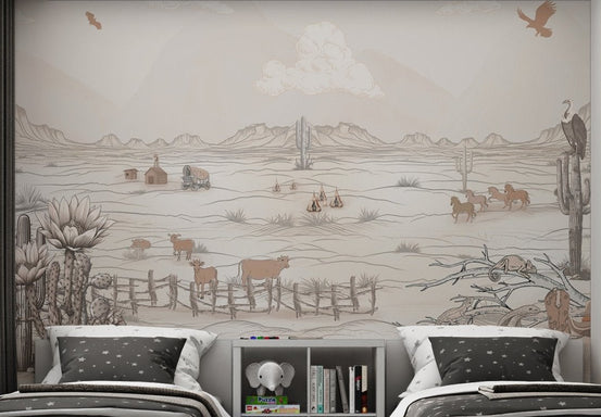 Horses running across a rustic desert in Wild West-themed wall mural 