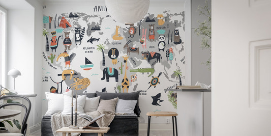 Wild Wonders mural featuring animals on a colorful world map in living area.
