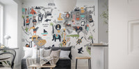 Wild Wonders mural featuring animals on a colorful world map in living area.
