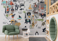 Educational animal world map mural for vibrant and lively nursery spaces.
