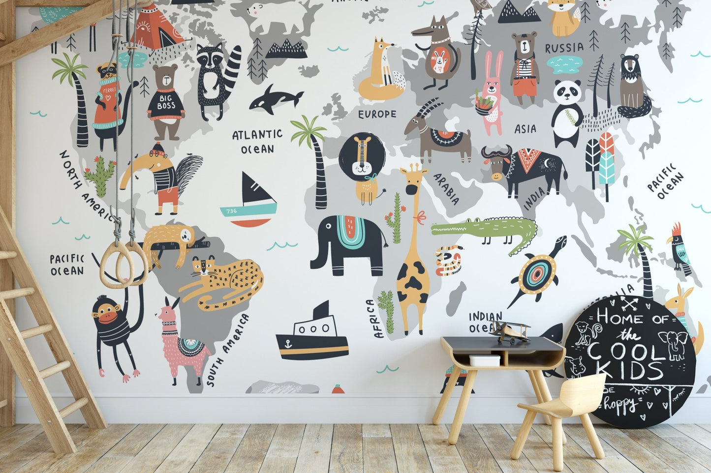 Animal world map mural showcasing global wildlife for kids room decor.
