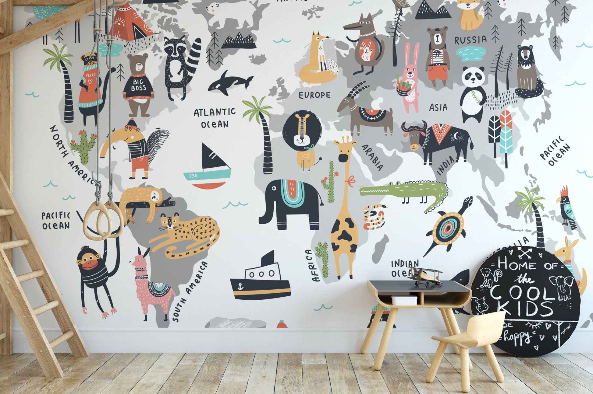 Animal world map mural showcasing global wildlife for kids room decor.
