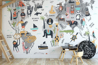 Animal world map mural showcasing global wildlife for kids room decor.

