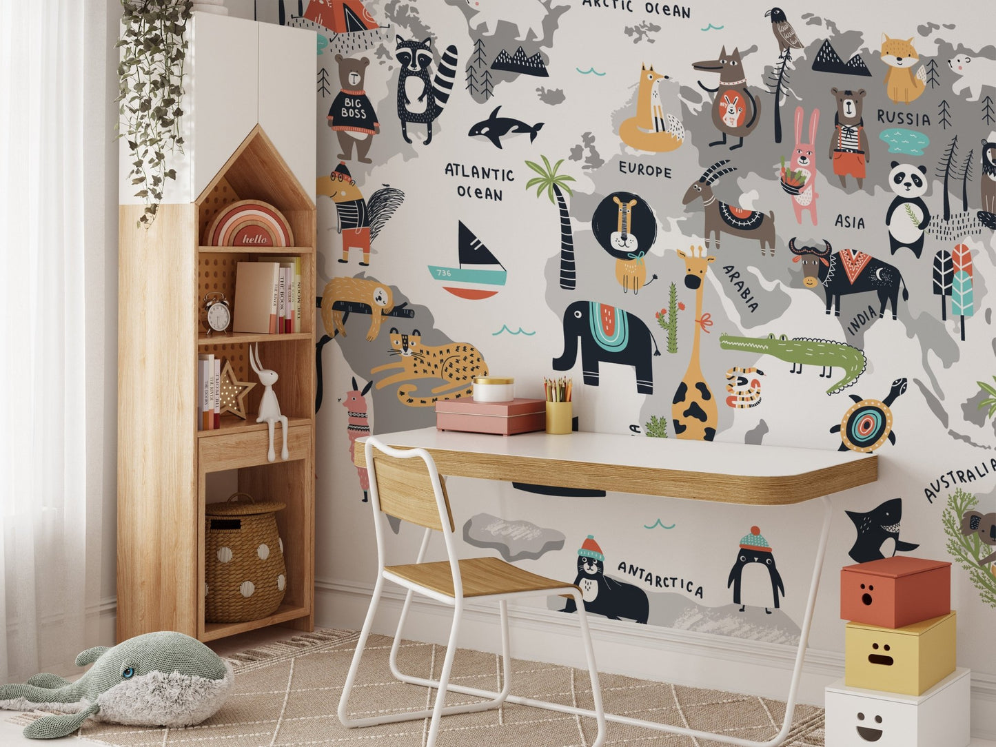 Wild Wonders mural blending animals and geography for study area decor.
