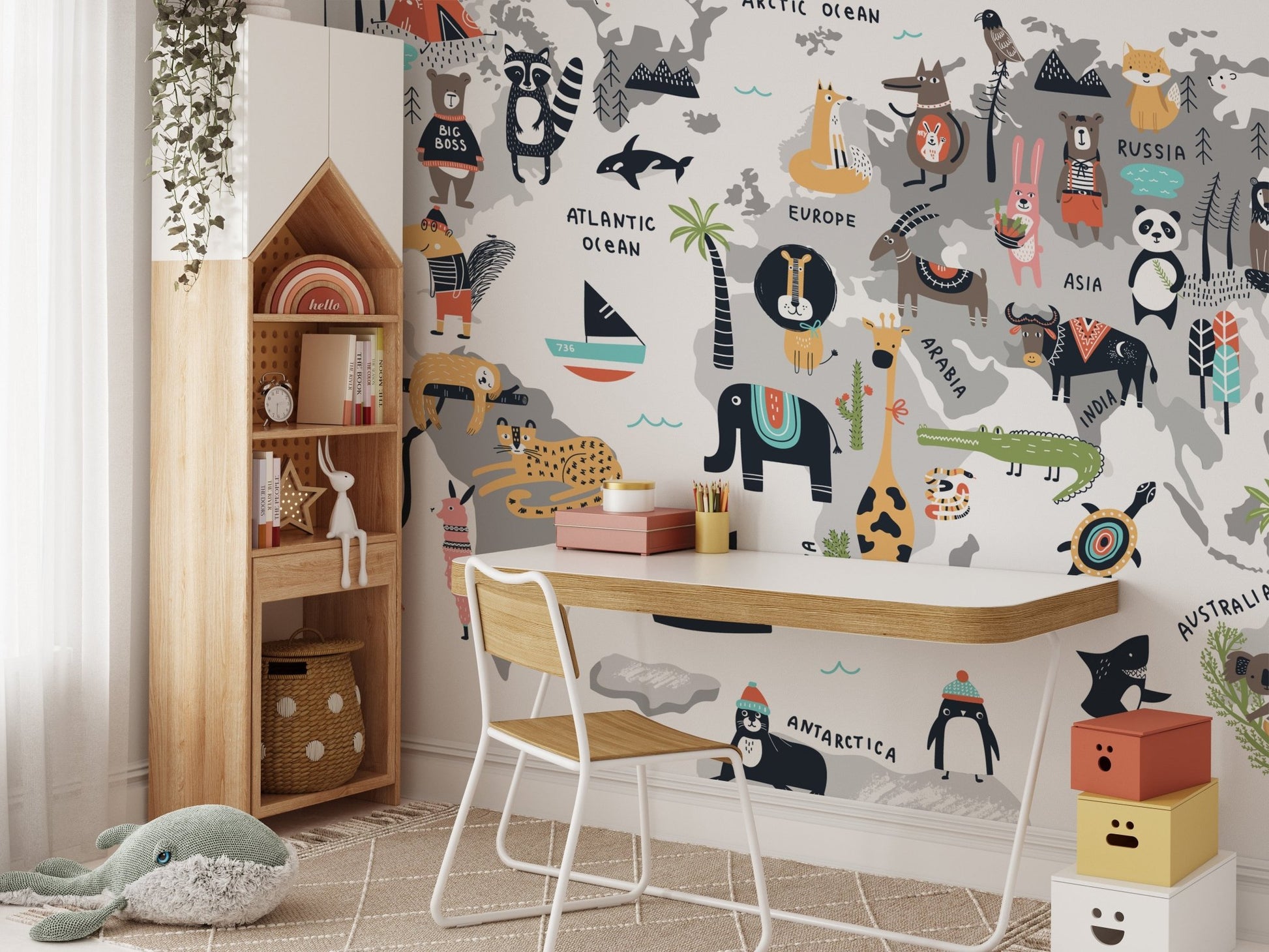 Wild Wonders mural blending animals and geography for study area decor.
