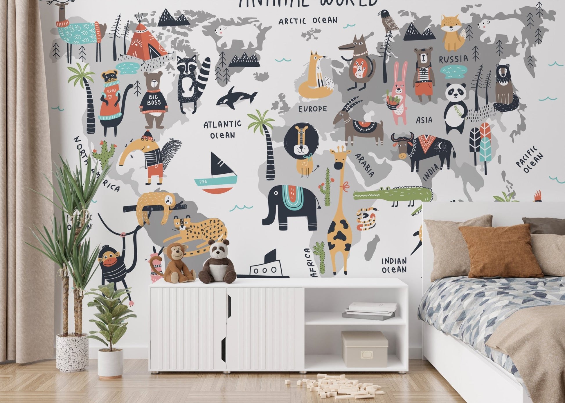 Wildlife world map mural with vibrant details for kids bedroom walls.
