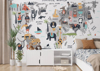 Wildlife world map mural with vibrant details for kids bedroom walls.
