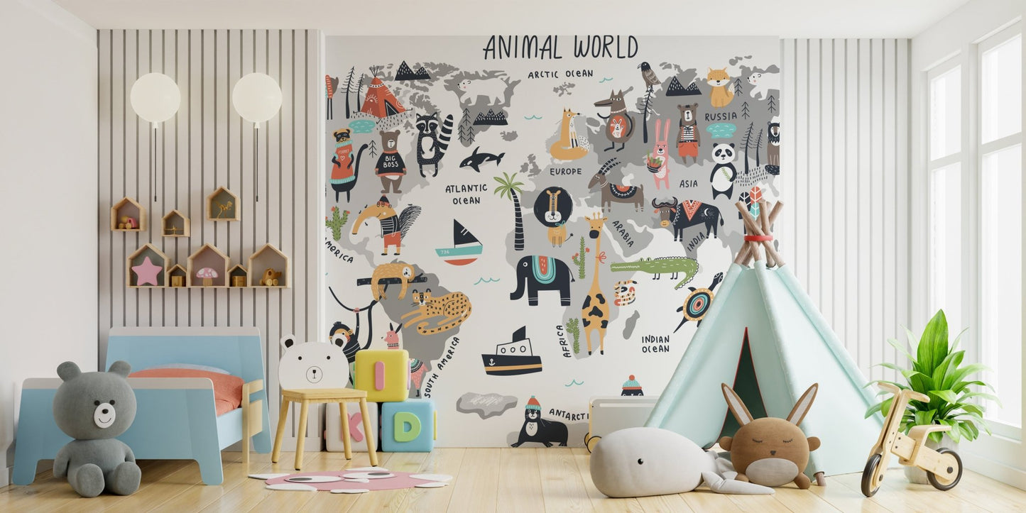 Wild Wonders animal map mural for playful and educational bedroom decor.
