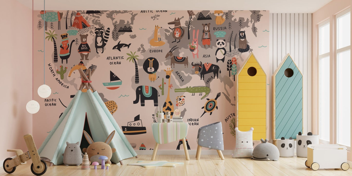 World map mural with animals for adventurous and fun playroom interiors.
