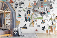 Wild Wonders wall mural featuring global animals and nature in kids bedroom.
