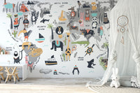 Artistic mural of animals across a vibrant world map for children room walls.
