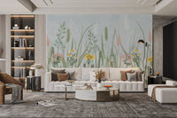 Light nature wall murals with layered stems and leaves
