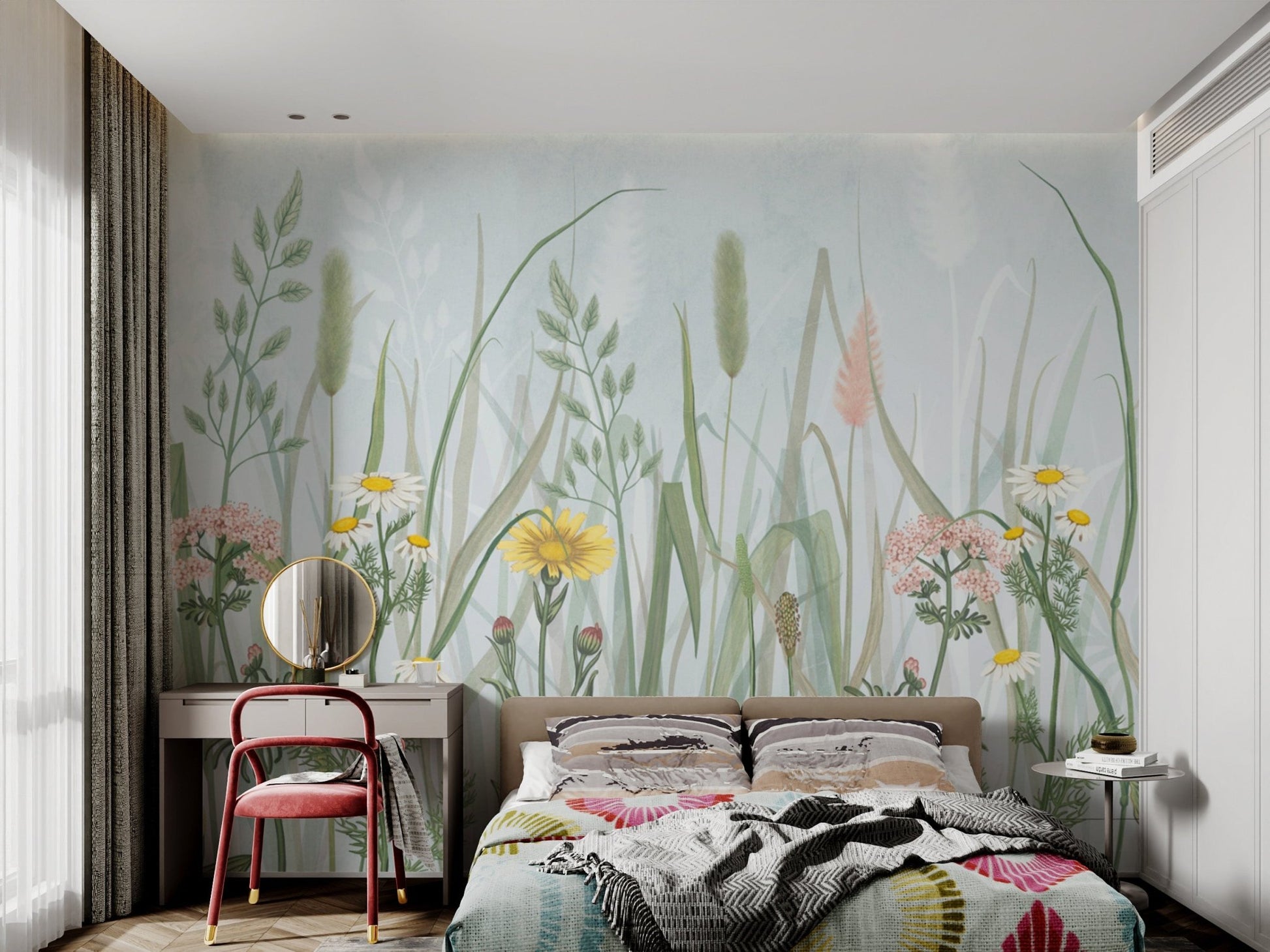 Tropical Wildflower Meadow Botanical Wallpaper with soft daisy clusters
