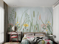 Tropical Wildflower Meadow Botanical Wallpaper with soft daisy clusters