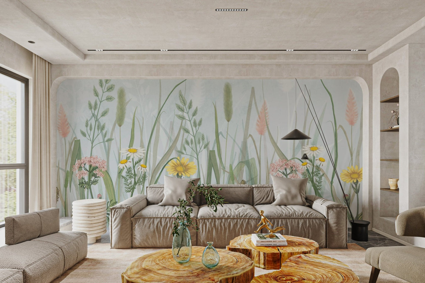 Hand-drawn floral wallpaper murals with yellow blooms