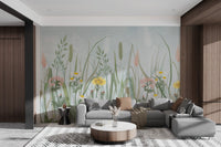 Watercolor grassland wall murals in muted sage tones